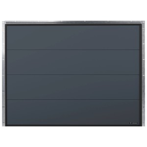 Szara brama garażowa z poziomą strukturą paneli.