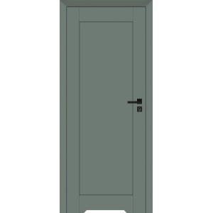 Szare drzwi wewnętrzne z ościeżnicą i czarną klamką.