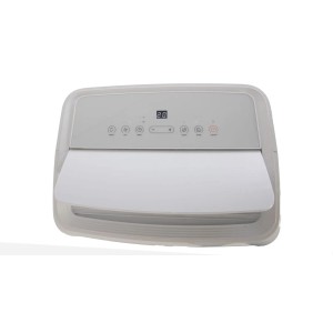 Biały, przenośny klimatyzator t.b.t. z cyfrowym wyświetlaczem i panelem sterowania.