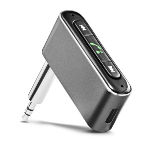 Szary adapter Bluetooth t.b.t. do akcesoriów do telefonów komórkowych z gniazdem 3,5 mm.