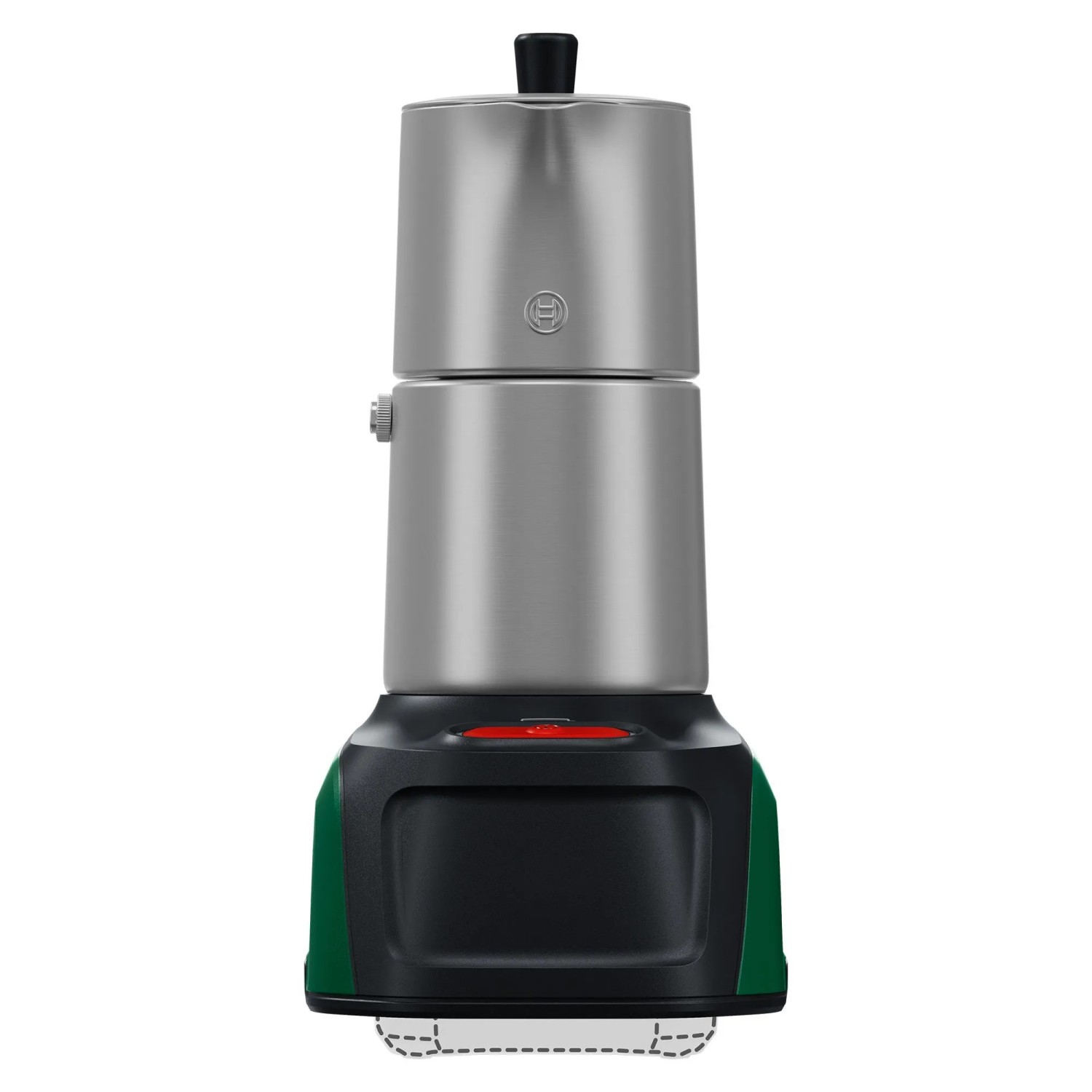 Ekspres akumulatorowy Bosch EasyMoka 18V-2 Inox. Srebrna kawiarka moka na zielono-czarnej podstawie.