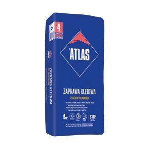 Niebieski worek kleju do płytek Atlas do prac glazurniczych.