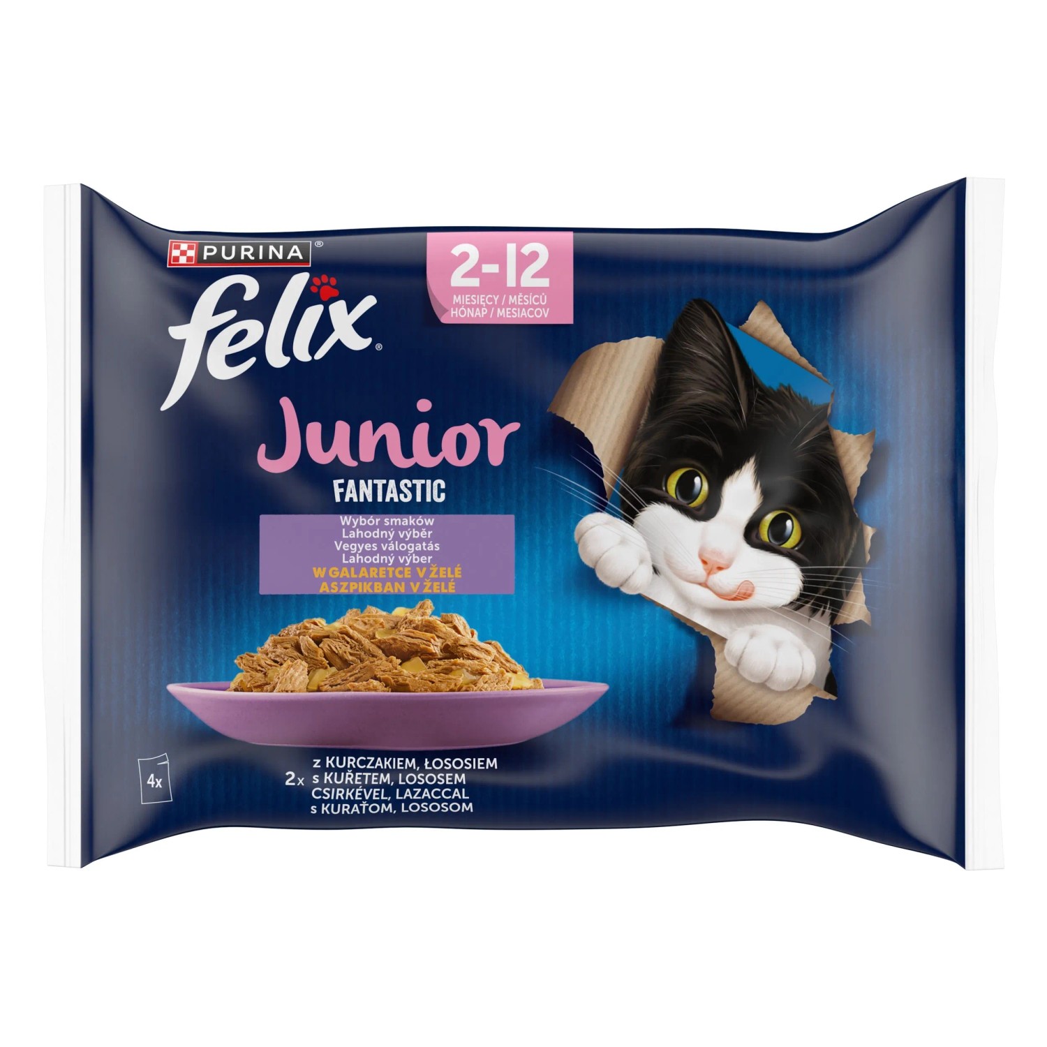 Purina Felix Fantastic Junior Mokra karma dla kotów, kurczak i łosoś 4x85 g