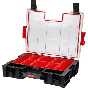 Otwarty organizer na narzędzia Qbrick System Pro 300 z 8 czerwonymi przegródkami i przezroczystą pokrywą.
