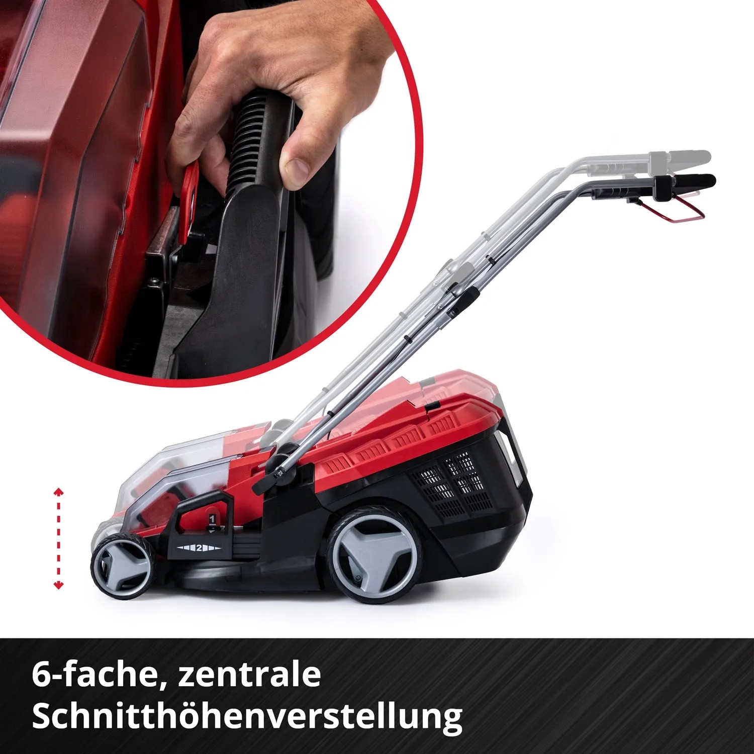 Akumulatorowa kosiarka Einhell Power X-Change GE-CM 36/36 Li z 6-stopniową regulacją wysokości koszenia.