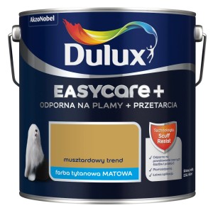 Wiadro z farbą Dulux Easycare+ w kolorze musztardowym. Farba do ścian wewnętrznych, matowe wykończenie.