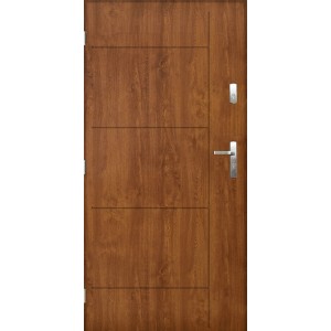 Brązowe drzwi zewnętrzne z drewnianą strukturą i srebrną klamką.