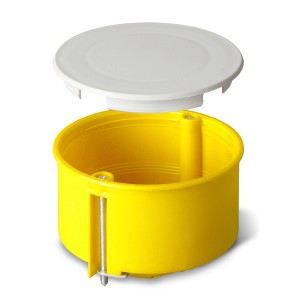 Żółta puszka podtynkowa z białą pokrywką. Idealna do instalacji elektrycznych.