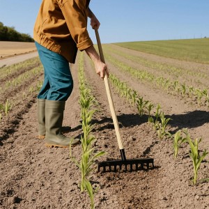 Ogrodnictwo: Osoba grabi ziemię między rzędami młodych roślin. Porządki w ogrodzie z t.b.t.
