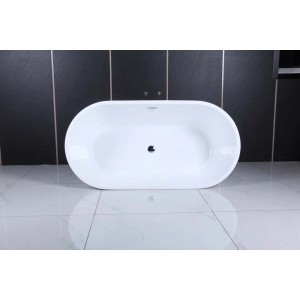 Wolnostojąca wanna w kolorze białym, owalny kształt.