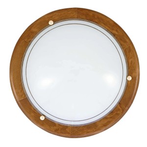 Okrągła lampa sufitowa t.b.t. z drewnianą ramą i białym kloszem.