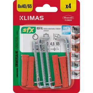 Klimas uniwersalny kołek z hakiem, zestaw 4 szt., rozmiar 8x40/65. Do śrub, gwoździ i kołków.