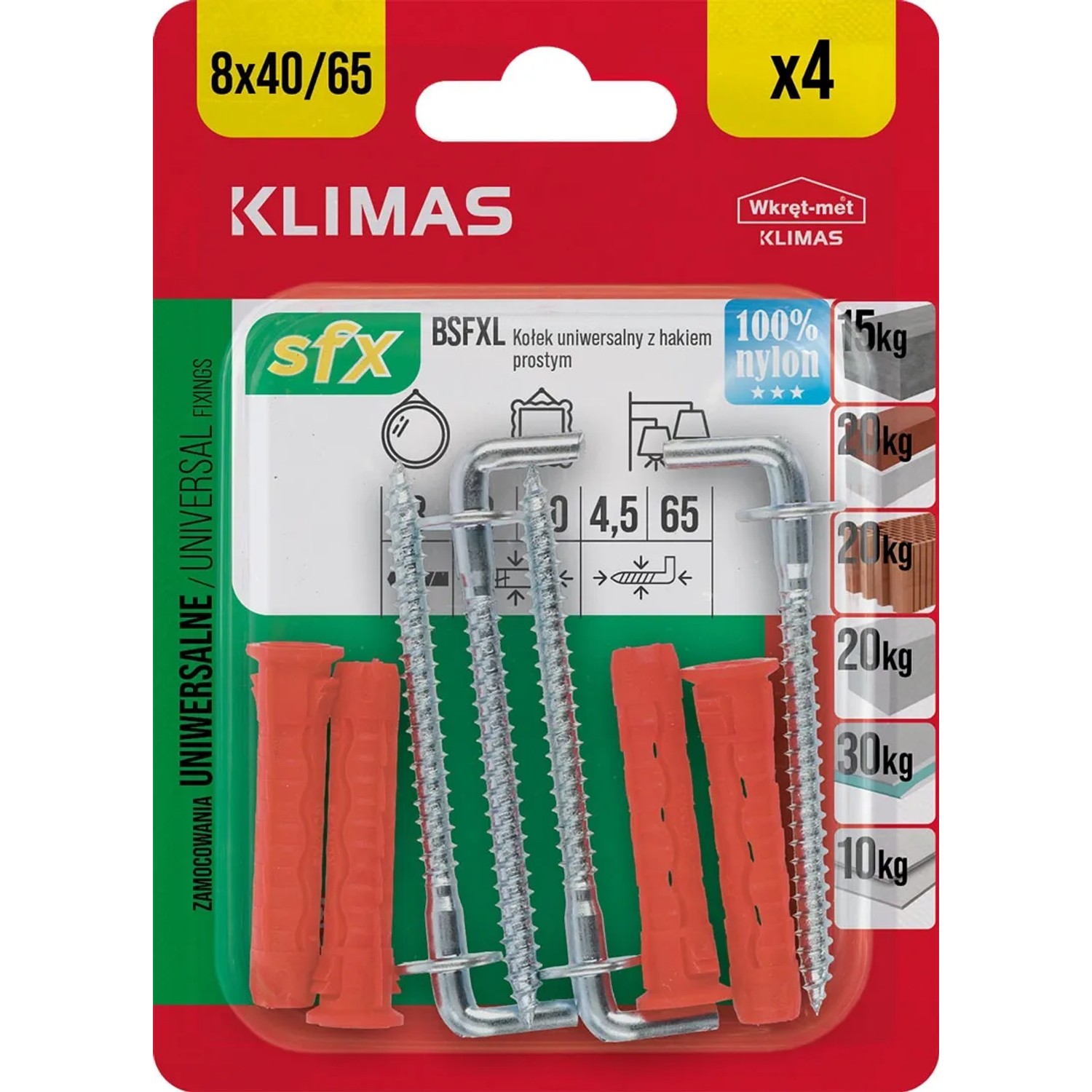 Wkręt-met Kołek SFX uniwersalny 8x40mm z hakiem kątowym 4szt