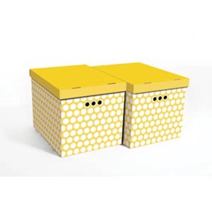 Dwa żółto-białe wzorzyste pudełka kartonowe t.b.t. z pokrywkami.