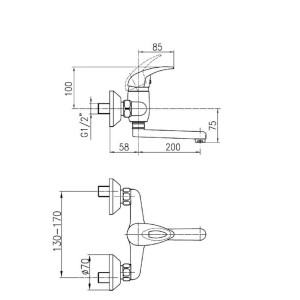 Rysunek techniczny: bateria jednouchwytowa t.b.t. z wymiarami.
