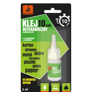 Klej błyskawiczny Dragon, butelka 6 ml, odpowiedni do kartonu, drewna, metalu, skóry, ceramiki, plastiku, gumy i papieru.