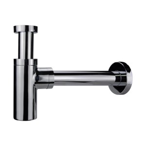 Błyszczący, chromowany syfon umywalkowy.