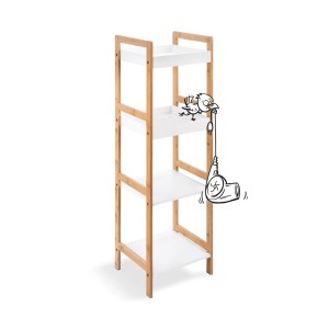 Zestaw mebli łazienkowych t.b.t. z drewnianą ramą i białymi półkami.