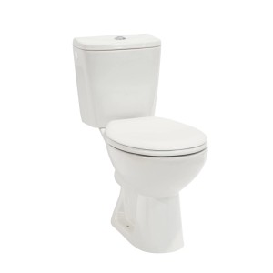 Białe WC kompaktowe t.b.t. ze spłuczką, widok z przodu.