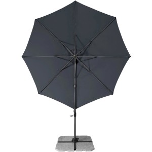 Parasol Derby Ravenna AX, okrągły, antracytowy, z krzyżową podstawą, widok z dołu.