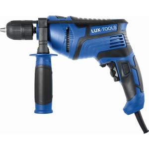 Niebieska wiertarka udarowa LUX 750 W z ogranicznikiem głębokości do wiercenia, wkręcania i wiercenia udarowego.