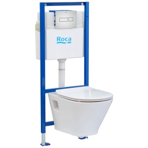 Biała wisząca toaleta ze spłuczką i niebieską ramą montażową jako zestaw WC.