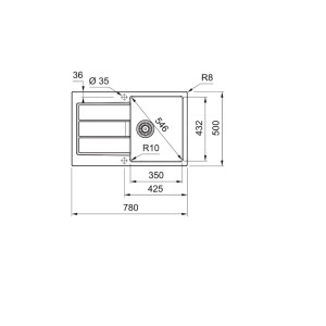 Rysunek techniczny zlewozmywaka granitowego t.b.t. z wymiarami.