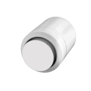 Biały termostat grzejnikowy t.b.t. z cyfrowym wyświetlaczem do instalacji grzewczych.