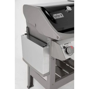 Szczegół grilla gazowego: Półka boczna, panel sterowania i obszar przechowywania grilla.