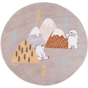 Okrągły, beżowy dywan z motywem niedźwiedzi i gór, długi włos.
