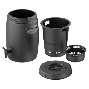 Czarny pojemnik na kompost t.b.t. z akcesoriami, składający się z pojemnika, pokrywy i wkładek filtrujących.