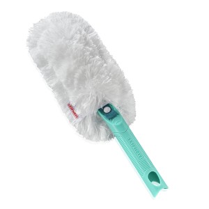 Miotła do kurzu Leifheit Superduster z białym wkładem z mikrofibry i turkusową rączką.