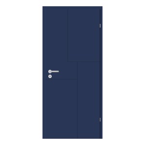 Niebieskie drzwi wewnętrzne z srebrną klamką i nowoczesnym designem.