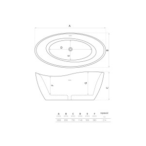 Rysunek techniczny wanny wolnostojącej z wymiarami.