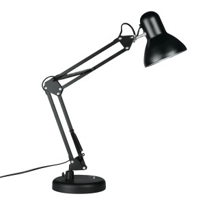 Czarna lampka biurkowa z regulowanym ramieniem dla optymalnego oświetlenia.