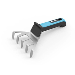 Małe grabie ogrodowe t.b.t. z niebiesko-czarnym uchwytem do prac ogrodowych.