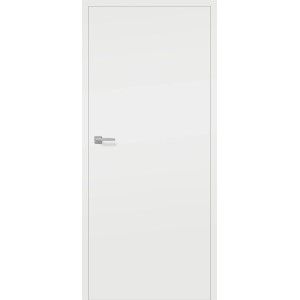 Białe drzwi wewnętrzne o prostym designie z srebrną klamką.