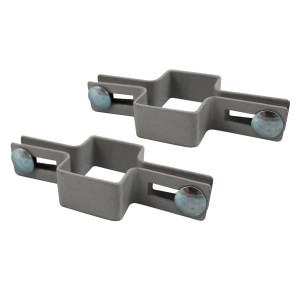 Dwa szare elementy akcesoriów do ogrodzeń t.b.t. ze śrubami do montażu.