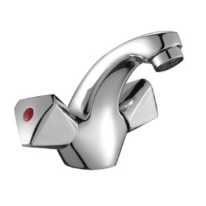 Błyszcząca bateria umywalkowa t.b.t. z czerwoną kropką.