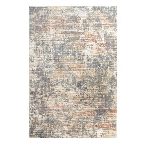 Nowoczesny dywan z krótkim włosiem, abstrakcyjny wzór w kolorze szarym, beżowym i rdzawoczerwonym.