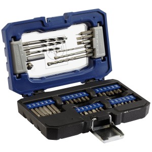 Zestaw wierteł i bitów LUX, 42-częściowy, w niebiesko-czarnym pudełku.