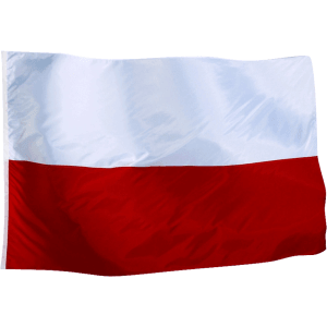 Polska flaga, biało-czerwona, powiewająca, do użytku wewnątrz i na zewnątrz.