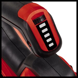 Zbliżenie: Dmuchawa akumulatorowa Einhell GE-UB 18/250 Li E-Solo ze wskaźnikiem naładowania akumulatora.