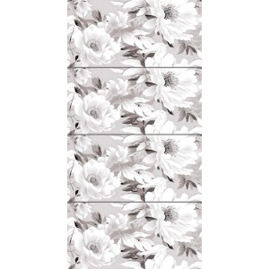 Płytki dekoracyjne z kwiatowym wzorem w odcieniach bieli i szarości.