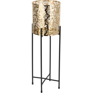 Złoty stojak na kwiaty t.b.t. z delikatnym wzorem liści i czarną metalową podstawą.