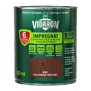 Ciemnozielona puszka impregnatu do drewna Vidaron, odcień palisander indyjski, do ogrodzeń, mebli ogrodowych i innych.