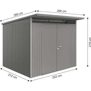 Metalowy domek narzędziowy Biohort AvantGarde A6, kwarcowy szary metalik, z podwójnymi drzwiami i wymiarami.