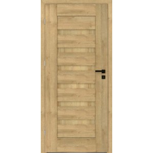 Nowoczesne drzwi wewnętrzne o wyglądzie drewna z czarną klamką. Idealne do stylowych wnętrz.