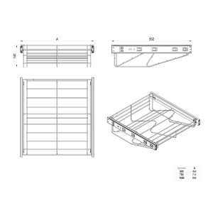 Rysunek techniczny kosza do szafy t.b.t., różne widoki z wymiarami.