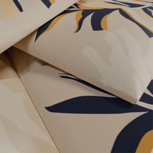 Panele ścienne t.b.t. z kwiatowym wzorem w kolorze beżowym, niebieskim i żółtym.